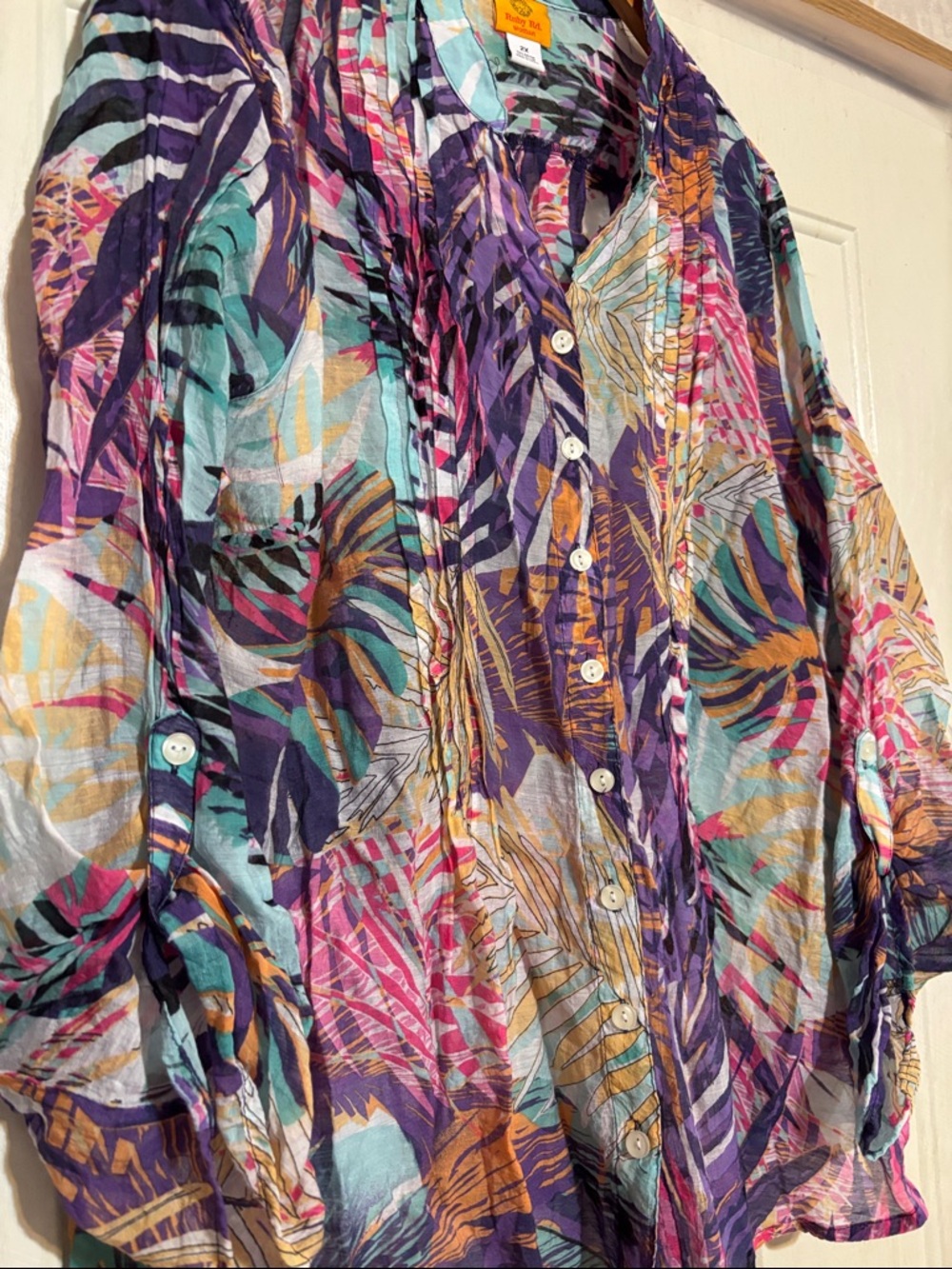Ruby Rd. Multicolor Tropical Leaf Button-Front Blouse - Picture 4 of 6